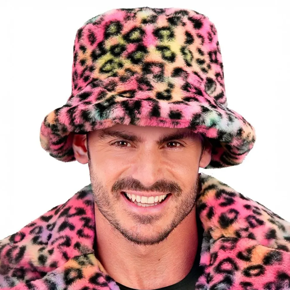 Bucket Hat i Fuskpäls Leopard Rosa