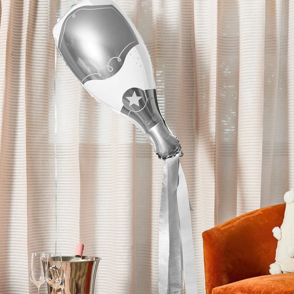 Folieballong Champagneflaska Silver med Streamers