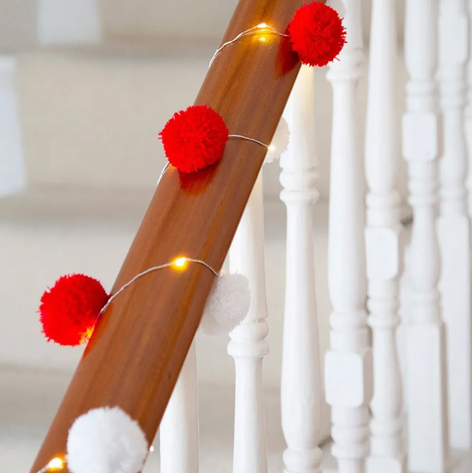 LED Girlang Pompoms Röd/Vit