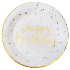 Papperstallrikar Happy Birthday Guld/Vit