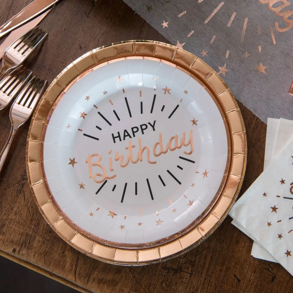 Papperstallrikar Sparkling Happy Birthday Vit/Roséguld
