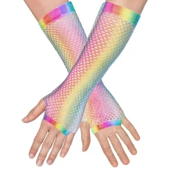 80-tals UV Fingerlösa Näthandskar Långa Regnbåge Neon